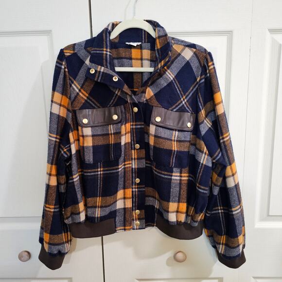 Cato Plaid Flannel Shacket Jacket Womens L Brown Navy Western Casual Fall Style - Picture 9 of 9